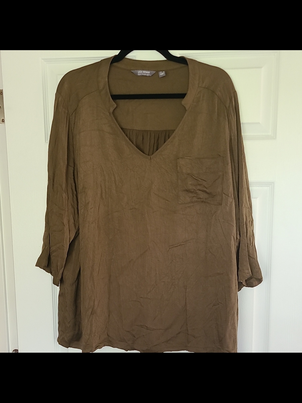 Lisa Rinna Collection Womens Plus Blouse 2X Olive V-Neck 3/4 Pocket